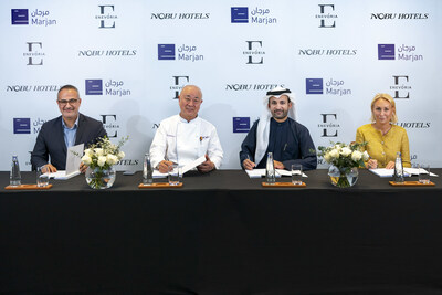 Signing ceremony for Enevoria, Al Marjan, and Nobu Hospitality, sitting from left to right: Tariq Bsharat - Director of Strategy & Business Development at Marjan, Chef Nobu Matsuhisa - Founder & Partner at Nobu Hospitality, Abdulla Al Abdouli – CEO at Marjan, and Marina Rudneva – Managing Partner of Enevoria Development Signing ceremony for Enevoria, Al Marjan, and Nobu Hospitality, sitting from left to right: Tariq Bsharat - Director of Strategy & Business Development at Marjan, Chef Nobu Matsuhisa - Founder & Partner at Nobu Hospitality, Abdulla Al Abdouli – CEO at Marjan, and Marina Rudneva – Managing Partner of Enevoria Development