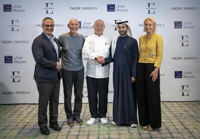 Signing Ceremony Enevoria, Al Marjan, and Nobu Hospitality, left to right: Tariq Bsharat - Director of Strategy & Business Development at Marjan, Meir Teper - Founder and Partner at Nobu Hospitality, Chef Nobu Matsuhisa - Founder and Partner at Nobu Hospitality, Abdulla Al Abdouli - CEO at Marjan, Marina Rudneva - Managing Partner of Enevoria Development Signing Ceremony Enevoria, Al Marjan, and Nobu Hospitality, left to right: Tariq Bsharat - Director of Strategy & Business Development at Marjan, Meir Teper - Founder and Partner at Nobu Hospitality, Chef Nobu Matsuhisa - Founder and Partner at Nobu Hospitality, Abdulla Al Abdouli - CEO at Marjan, Marina Rudneva - Managing Partner of Enevoria Development